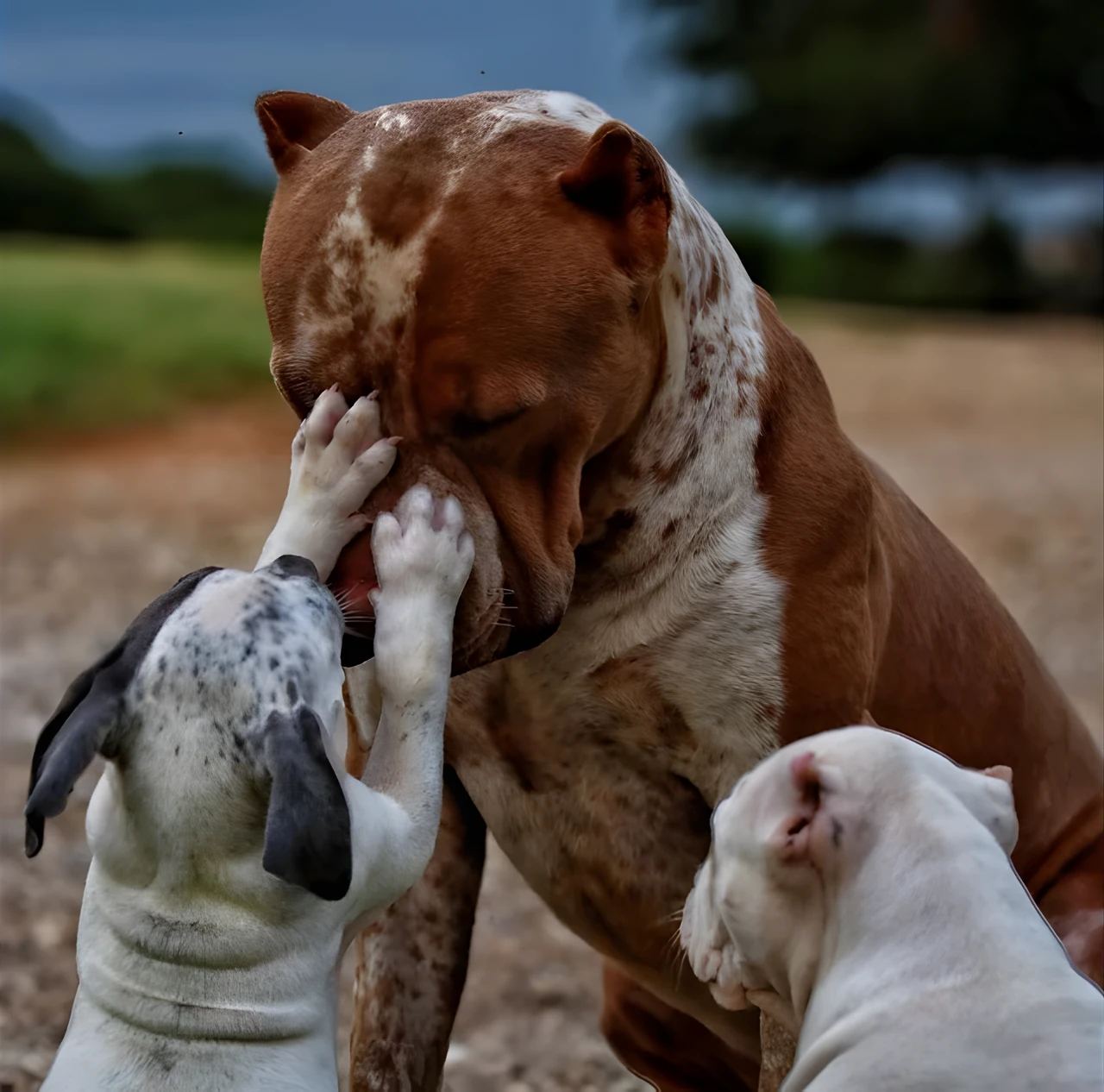 Two puppies reach up toward an adult dog's face.