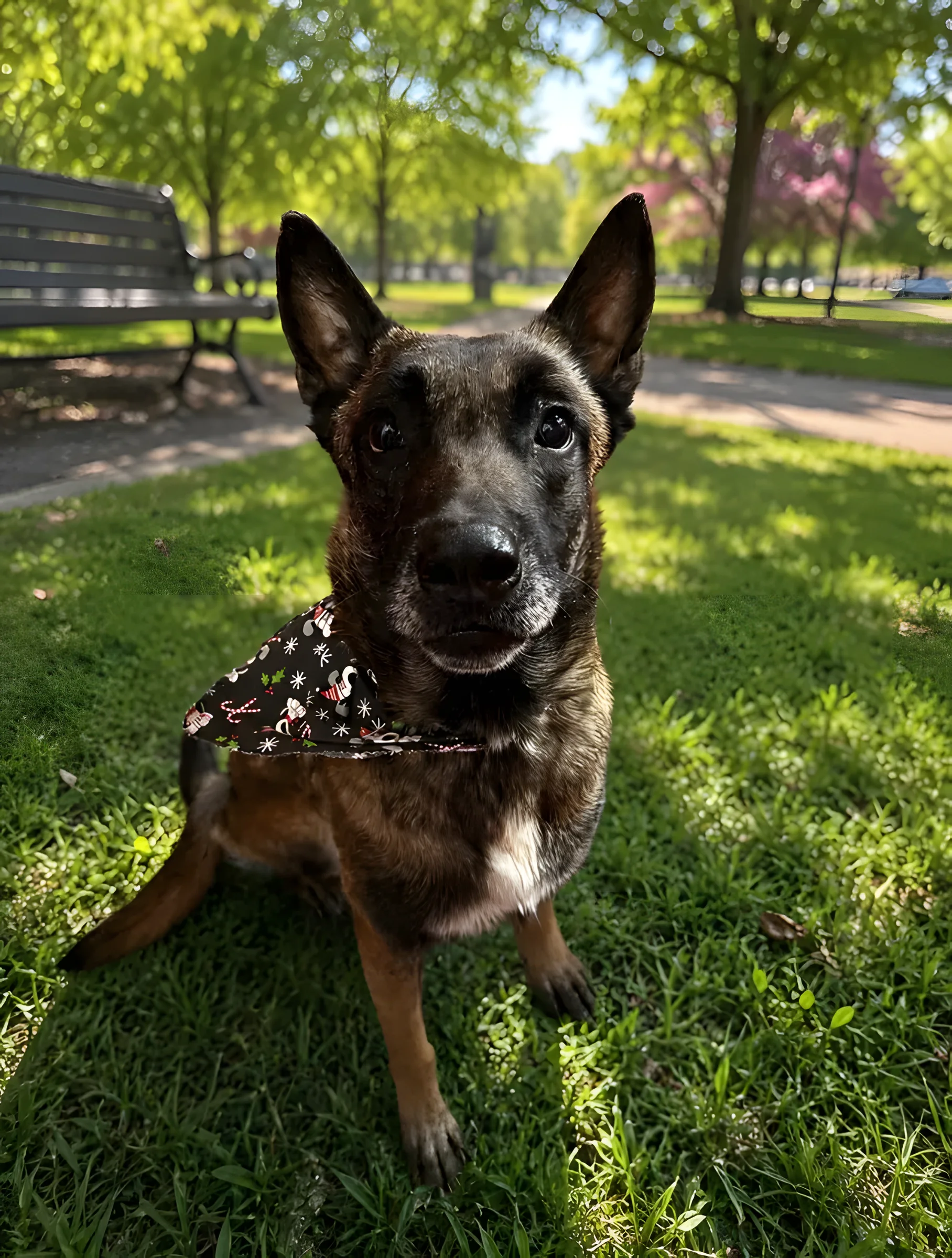 Max, a rescue dog, sitting in a park, whole body in frame.